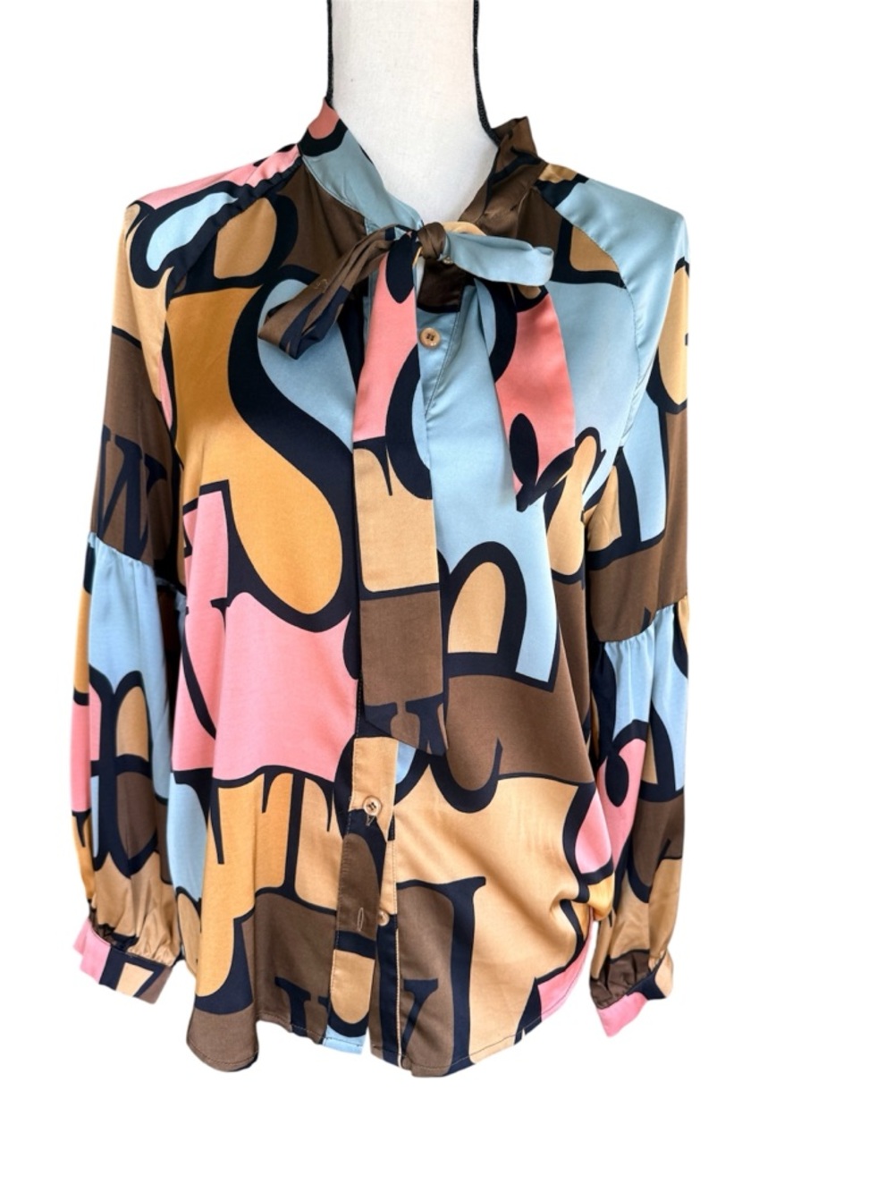Société Anonyme Abstract Print Tie-Neck Blouse in Blue, Pink & Brown